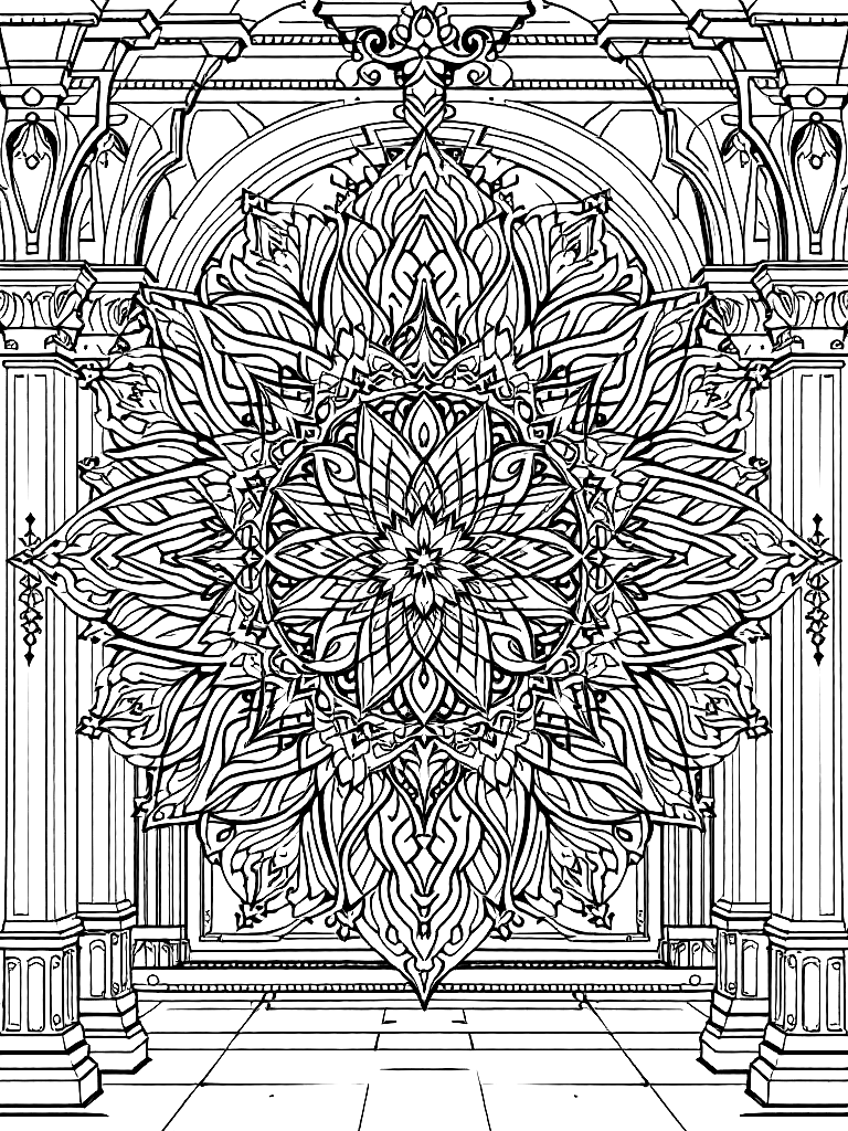 Sleep and rest themed mandala, perfect radial symmetry, soft flowing curved lines, rounded edges only, crescent moon shapes integrated into circular geometry, gentle cloud-like forms, subtle star elements embedded within pattern, wide balanced spacing between layers, calming and slow visual rhythm, no sharp points, no harsh geometry, clean black vector line art, adult coloring book page, white background, printable 8.5x8.5 with bleed, high resolution, no shading, no gray tones, no color fill, no textures, from the front, facing the viewer, in front of an ornate architectural backdrop coloring page Contour style free printable