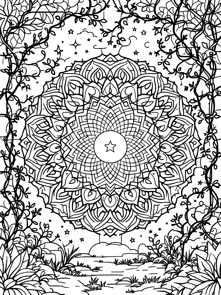 Sleep and rest themed mandala, perfect radial symmetry, soft flowing curved lines, rounded edges only, crescent moon shapes integrated into circular geometry, gentle cloud-like forms, subtle star elements embedded within pattern, wide balanced spacing between layers, calming and slow visual rhythm, no sharp points, no harsh geometry, clean black vector line art, adult coloring book page, white background, printable 8.5x8.5 with bleed, high resolution, no shading, no gray tones, no color fill, no textures, from a dramatic low angle looking up, in a garden with vines and stone walls coloring page Contour style free printable