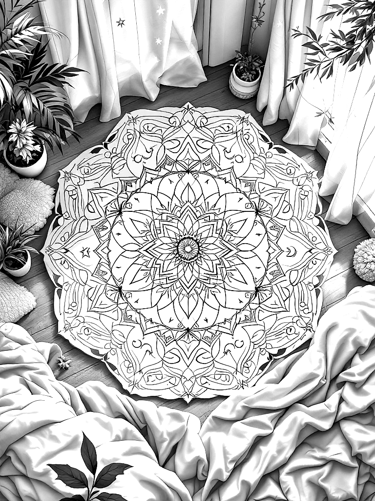 Sleep and rest themed mandala, perfect radial symmetry, soft flowing curved lines, rounded edges only, crescent moon shapes integrated into circular geometry, gentle cloud-like forms, subtle star elements embedded within pattern, wide balanced spacing between layers, calming and slow visual rhythm, no sharp points, no harsh geometry, clean black vector line art, adult coloring book page, white background, printable 8.5x8.5 with bleed, high resolution, no shading, no gray tones, no color fill, no textures, from a bird's eye view looking down, in a cozy indoor setting with warm details coloring page Contour style free printable