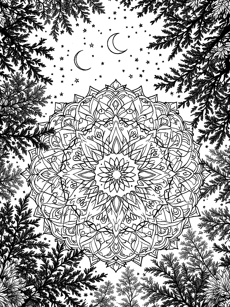 Sleep and rest themed mandala, perfect radial symmetry, soft flowing curved lines, rounded edges only, crescent moon shapes integrated into circular geometry, gentle cloud-like forms, subtle star elements embedded within pattern, wide balanced spacing between layers, calming and slow visual rhythm, no sharp points, no harsh geometry, clean black vector line art, adult coloring book page, white background, printable 8.5x8.5 with bleed, high resolution, no shading, no gray tones, no color fill, no textures, from a dramatic low angle looking up, in a forest clearing surrounded by tall trees coloring page Contour style free printable