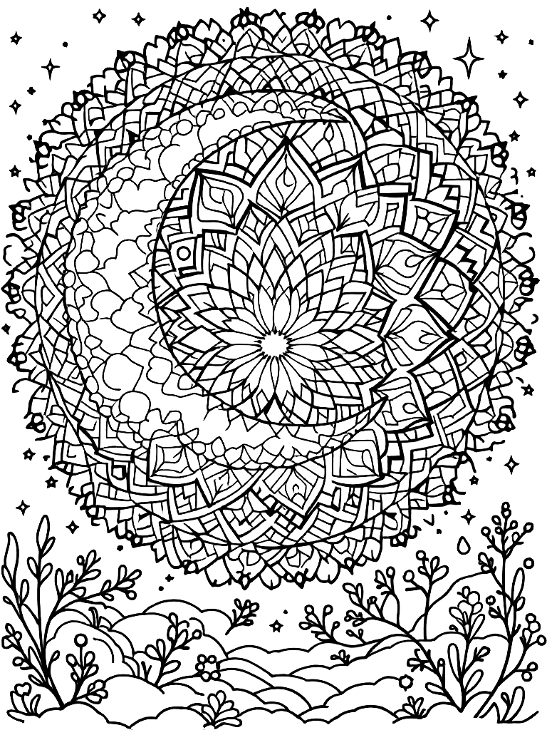 Sleep and rest themed mandala, perfect radial symmetry, soft flowing curved lines, rounded edges only, crescent moon shapes integrated into circular geometry, gentle cloud-like forms, subtle star elements embedded within pattern, wide balanced spacing between layers, calming and slow visual rhythm, no sharp points, no harsh geometry, clean black vector line art, adult coloring book page, white background, printable 8.5x8.5 with bleed, high resolution, no shading, no gray tones, no color fill, no textures, in a close-up portrait view with fine detail, in a snowy winter landscape coloring page Contour style free printable