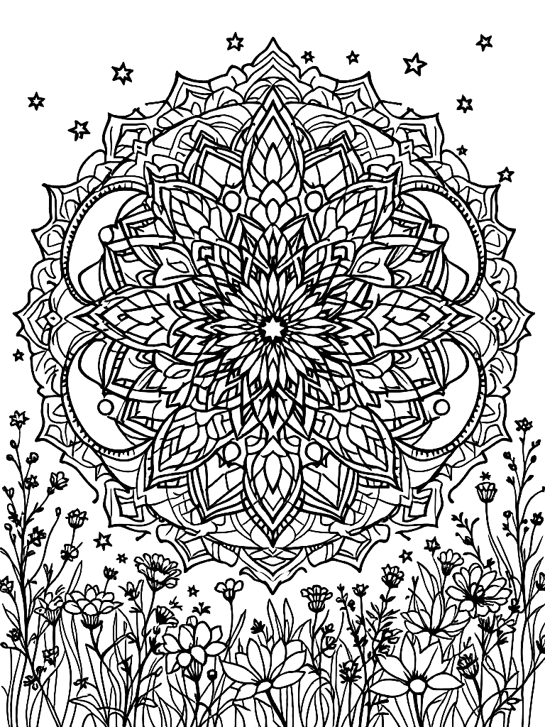 Sleep and rest themed mandala, perfect radial symmetry, soft flowing curved lines, rounded edges only, crescent moon shapes integrated into circular geometry, gentle cloud-like forms, subtle star elements embedded within pattern, wide balanced spacing between layers, calming and slow visual rhythm, no sharp points, no harsh geometry, clean black vector line art, adult coloring book page, white background, printable 8.5x8.5 with bleed, high resolution, no shading, no gray tones, no color fill, no textures, from behind, looking away into the distance, in a sunlit meadow with wildflowers coloring page Contour style free printable