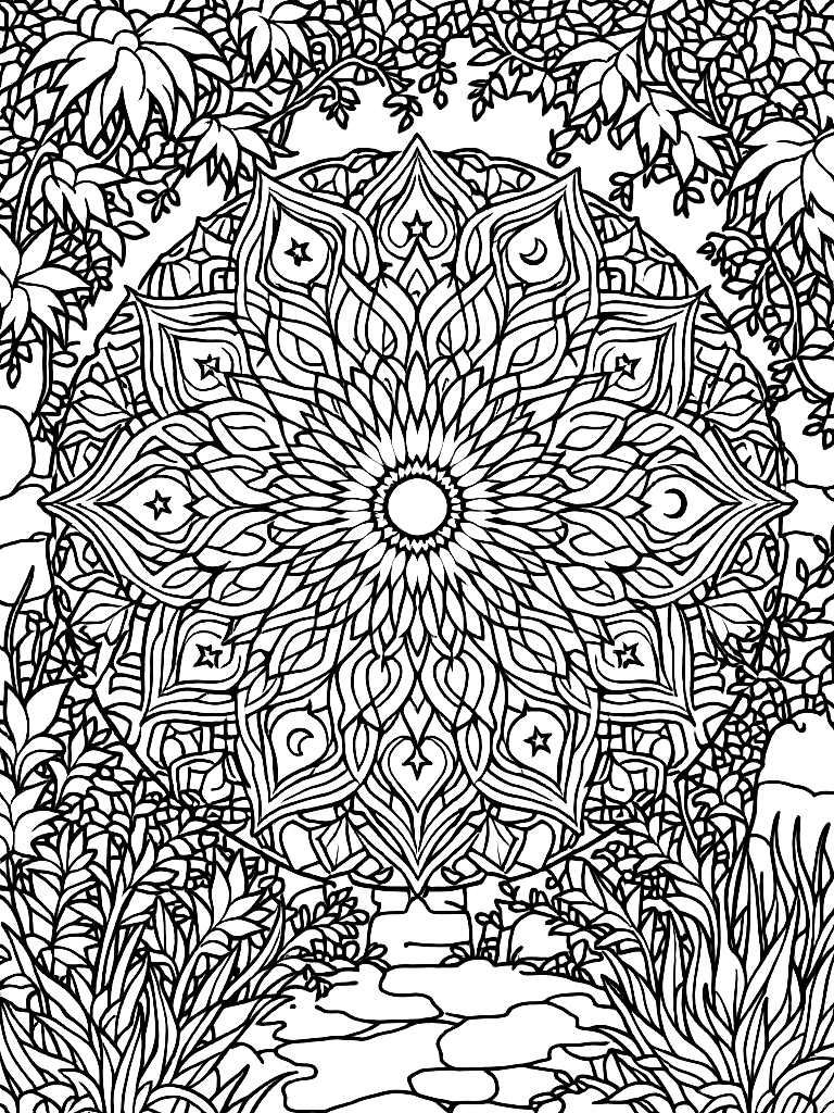 Sleep and rest themed mandala, perfect radial symmetry, soft flowing curved lines, rounded edges only, crescent moon shapes integrated into circular geometry, gentle cloud-like forms, subtle star elements embedded within pattern, wide balanced spacing between layers, calming and slow visual rhythm, no sharp points, no harsh geometry, clean black vector line art, adult coloring book page, white background, printable 8.5x8.5 with bleed, high resolution, no shading, no gray tones, no color fill, no textures, from a three-quarter side angle, in a garden with vines and stone walls coloring page Contour style free printable
