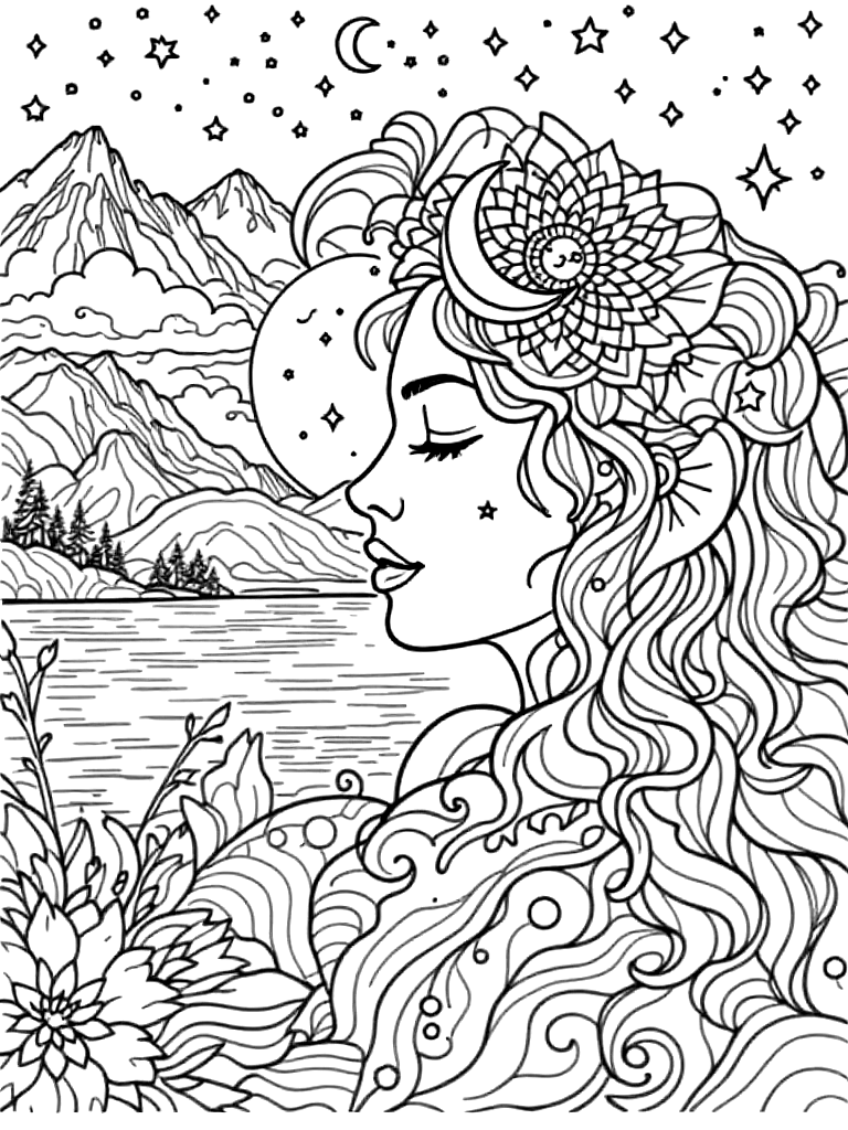 Sleep and rest themed mandala, perfect radial symmetry, soft flowing curved lines, rounded edges only, crescent moon shapes integrated into circular geometry, gentle cloud-like forms, subtle star elements embedded within pattern, wide balanced spacing between layers, calming and slow visual rhythm, no sharp points, no harsh geometry, clean black vector line art, adult coloring book page, white background, printable 8.5x8.5 with bleed, high resolution, no shading, no gray tones, no color fill, no textures, from the side in full profile view, by a calm lake with mountains in the background coloring page Contour style free printable