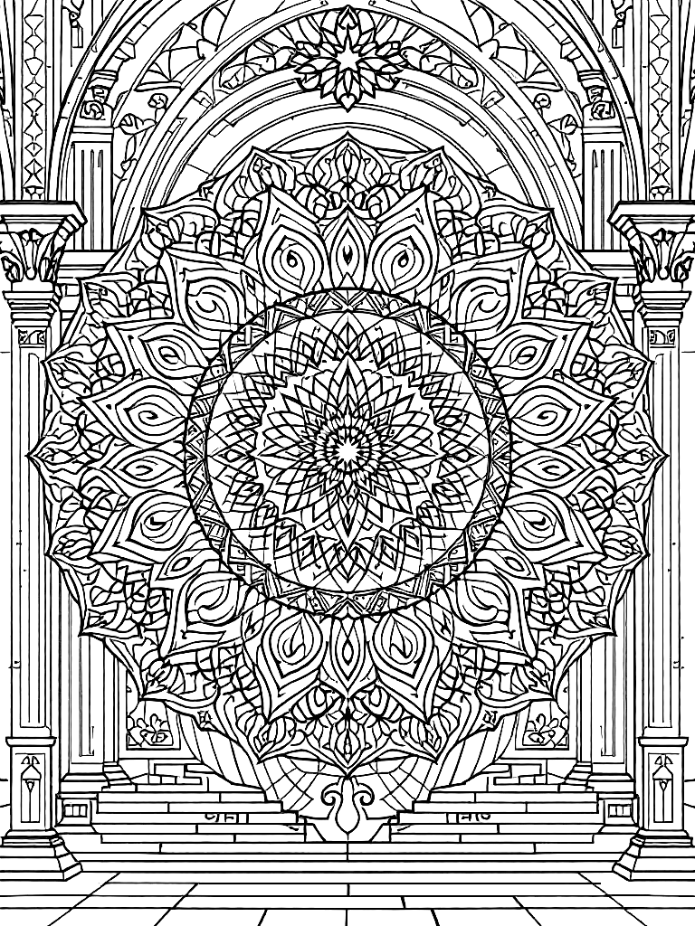Sleep and rest themed mandala, perfect radial symmetry, soft flowing curved lines, rounded edges only, crescent moon shapes integrated into circular geometry, gentle cloud-like forms, subtle star elements embedded within pattern, wide balanced spacing between layers, calming and slow visual rhythm, no sharp points, no harsh geometry, clean black vector line art, adult coloring book page, white background, printable 8.5x8.5 with bleed, high resolution, no shading, no gray tones, no color fill, no textures, in an action pose with dynamic movement, in front of an ornate architectural backdrop coloring page Contour style free printable
