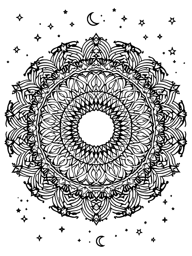Sleep and rest themed mandala, perfect radial symmetry, soft flowing curved lines, rounded edges only, crescent moon shapes integrated into circular geometry, gentle cloud-like forms, subtle star elements embedded within pattern, wide balanced spacing between layers, calming and slow visual rhythm, no sharp points, no harsh geometry, clean black vector line art, adult coloring book page, white background, printable 8.5x8.5 with bleed, high resolution, no shading, no gray tones, no color fill, no textures, from the front, facing the viewer, under a starlit night sky coloring page Contour style free printable