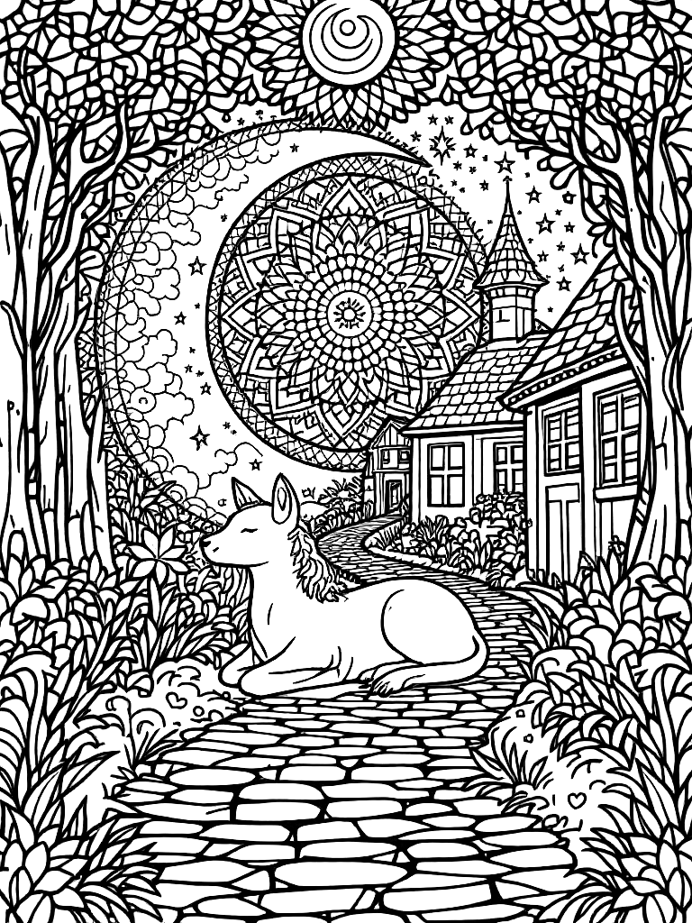 Sleep and rest themed mandala, perfect radial symmetry, soft flowing curved lines, rounded edges only, crescent moon shapes integrated into circular geometry, gentle cloud-like forms, subtle star elements embedded within pattern, wide balanced spacing between layers, calming and slow visual rhythm, no sharp points, no harsh geometry, clean black vector line art, adult coloring book page, white background, printable 8.5x8.5 with bleed, high resolution, no shading, no gray tones, no color fill, no textures, in a peaceful resting pose, on a cobblestone path in a charming village coloring page Contour style free printable
