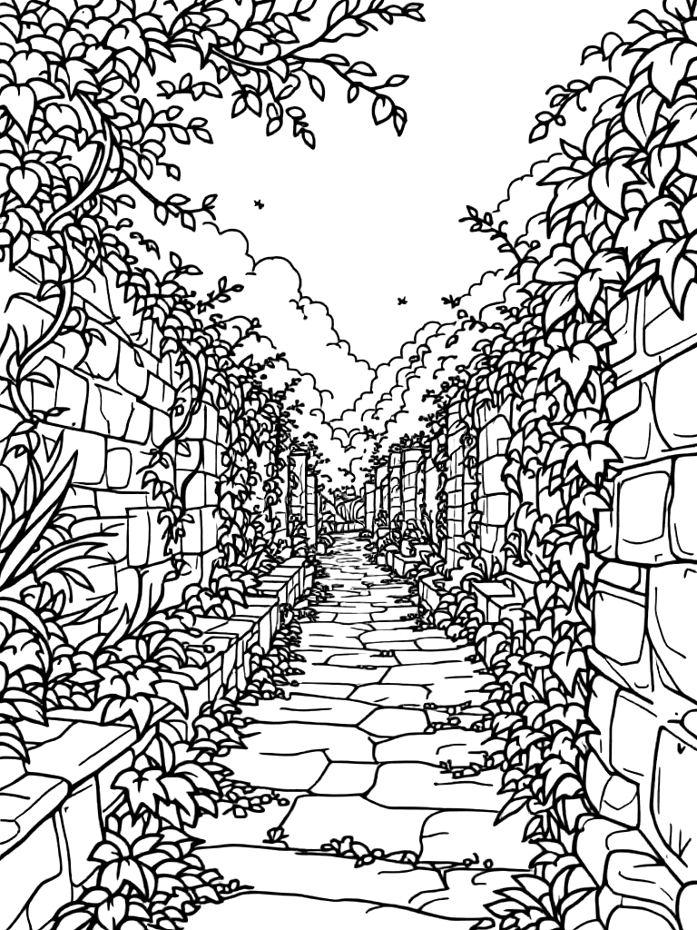 Free summer themed coloring pages, from a dramatic low angle looking up, in a garden with vines and stone walls coloring page in contour style — printable line art