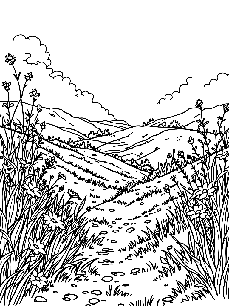 summer themed coloring pages, from behind, looking away into the distance, in a sunlit meadow with wildflowers coloring page Contour style - free printable