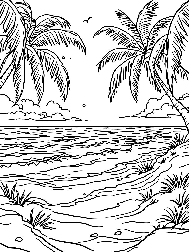 summer themed coloring pages, from the front, facing the viewer, on a sandy beach with gentle waves coloring page Contour style - free printable