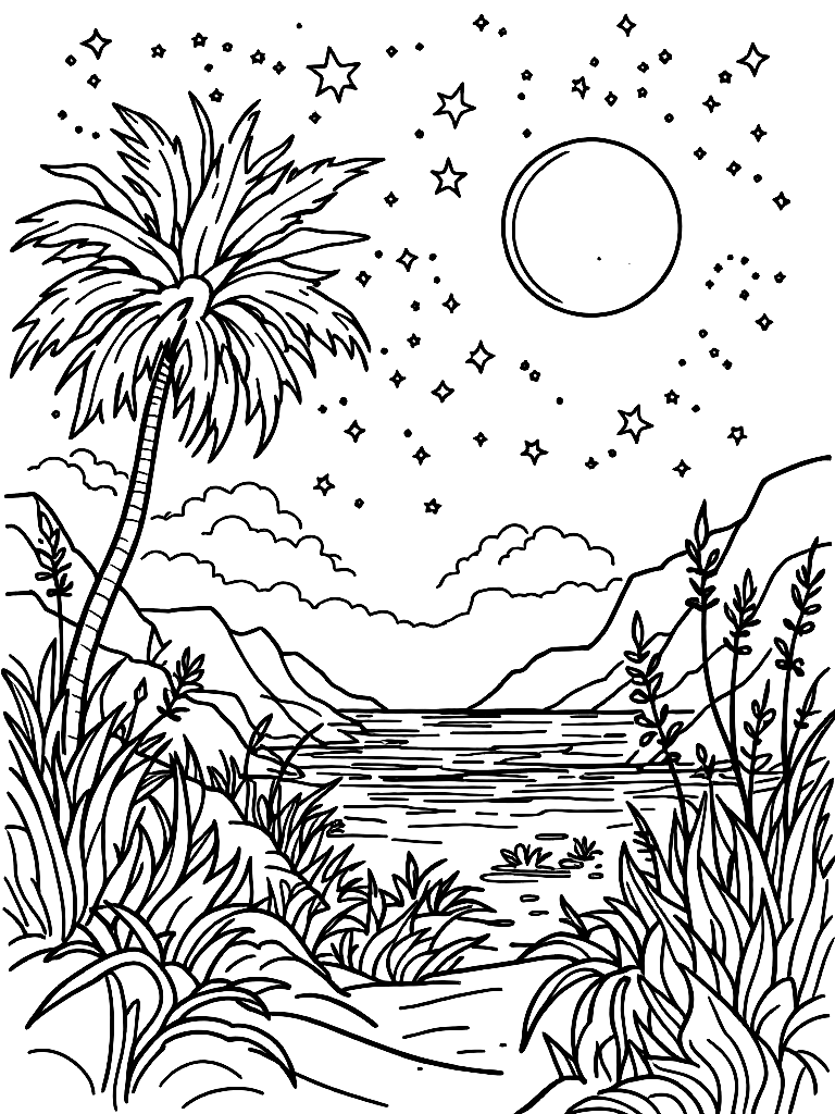 summer themed coloring pages, from the side in full profile view, under a starlit night sky coloring page Contour style - free printable