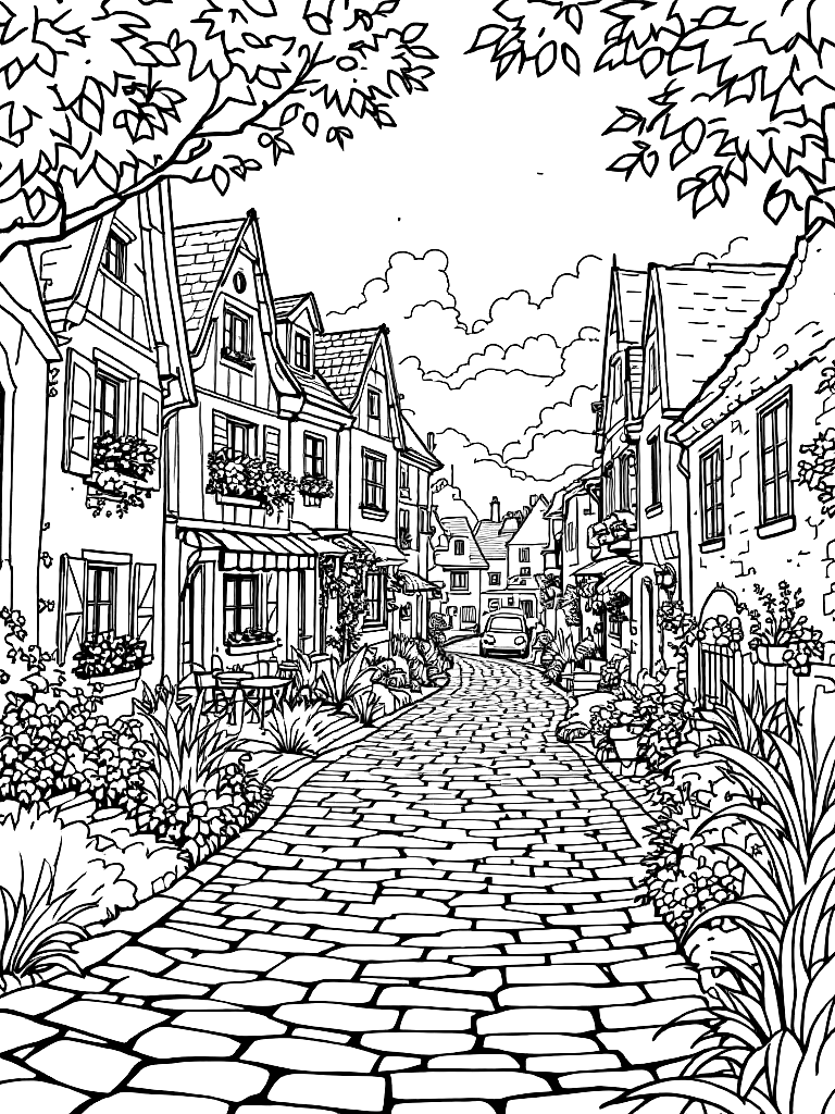 Free summer themed coloring pages, in a peaceful resting pose, on a cobblestone path in a charming village coloring page in contour style — printable line art