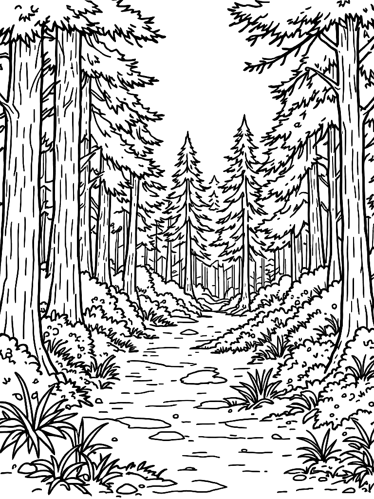 Free summer themed coloring pages, in an action pose with dynamic movement, in a forest clearing surrounded by tall trees coloring page in contour style — printable line art