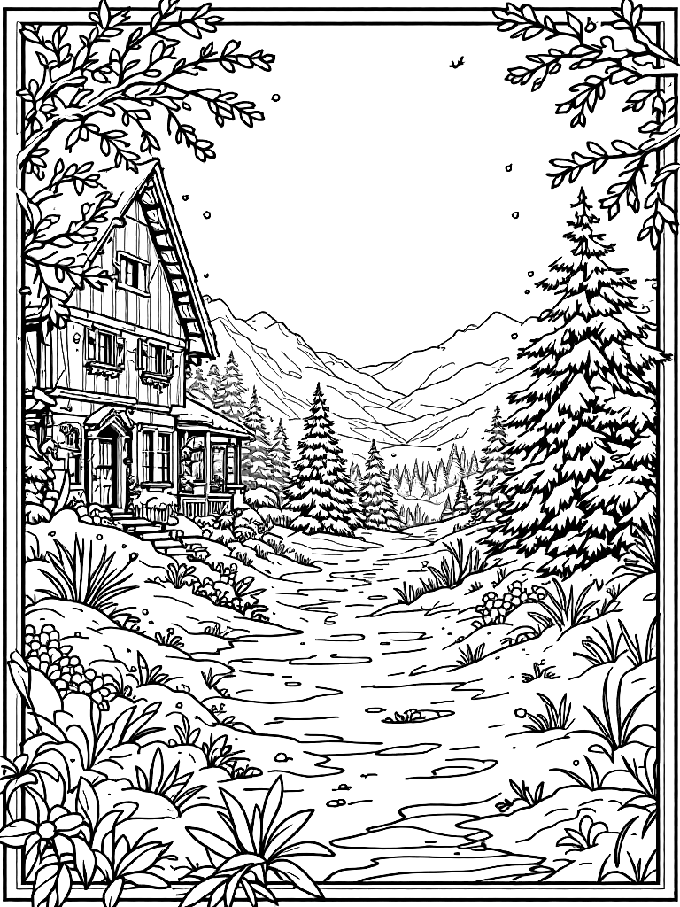 summer themed coloring pages, surrounded by a decorative border frame, in a snowy winter landscape coloring page Contour style free printable