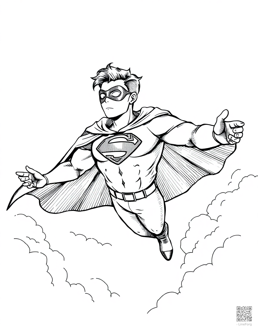 Free super hero wearing a cape, flying in the clouds, with a mask on. sun shining. coloring page in crosshatch style — printable line art