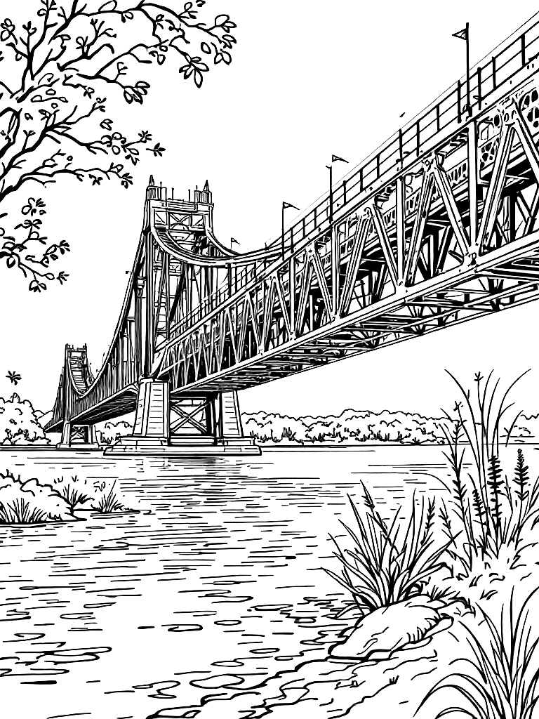 The lift bridge in Fairport, NY. coloring page Contour style free printable
