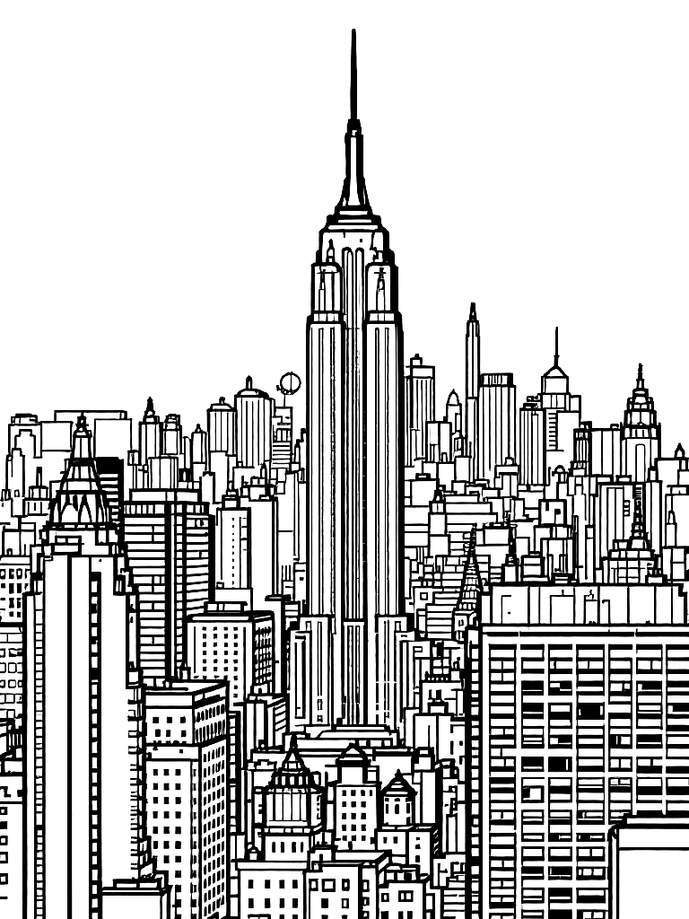 Free the new york city skyline with the empire state building. coloring page in contour style — printable line art
