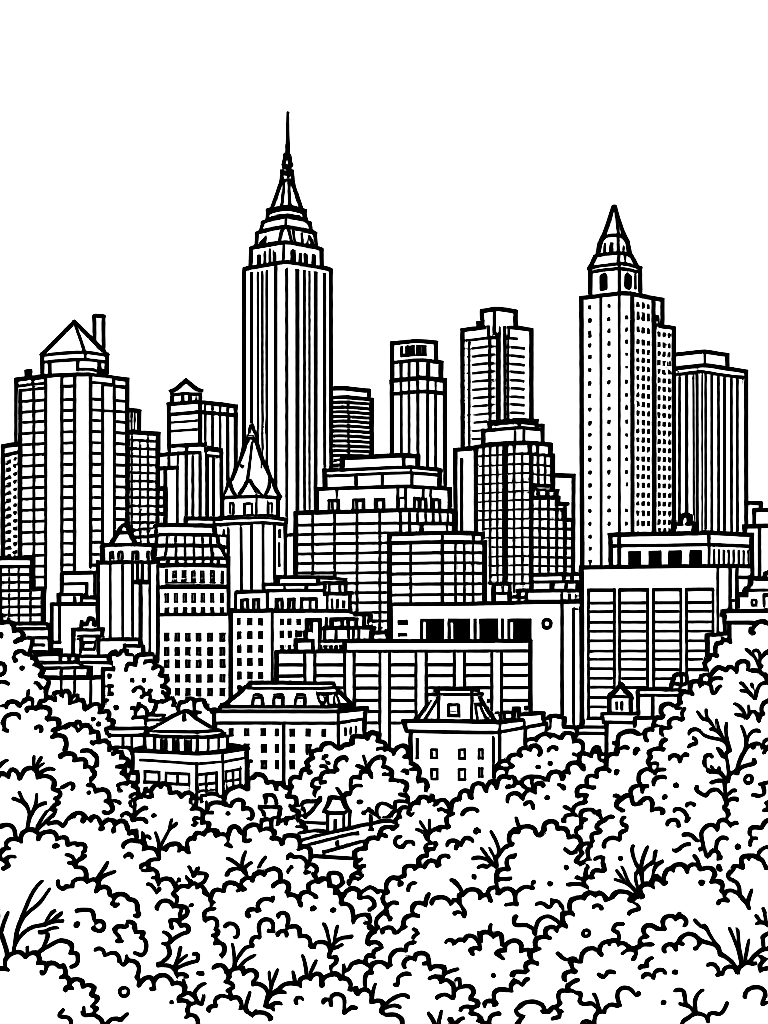 The Rochester, NY skyline. coloring page Contour style free printable