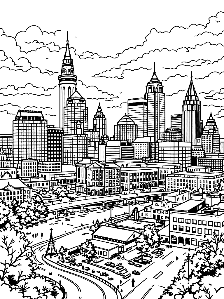 The Rochester, NY skyline. coloring page Contour style free printable
