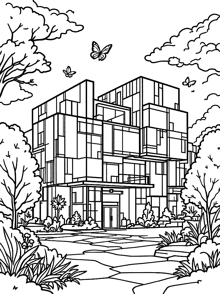 The Strong National Museum of Play exterior in Rochester NY, modern playful building with geometric shapes, include whimsical elements like oversized toy blocks and butterflies, simple landscaping, clean lines, fun but structured composition coloring page Contour style - free printable