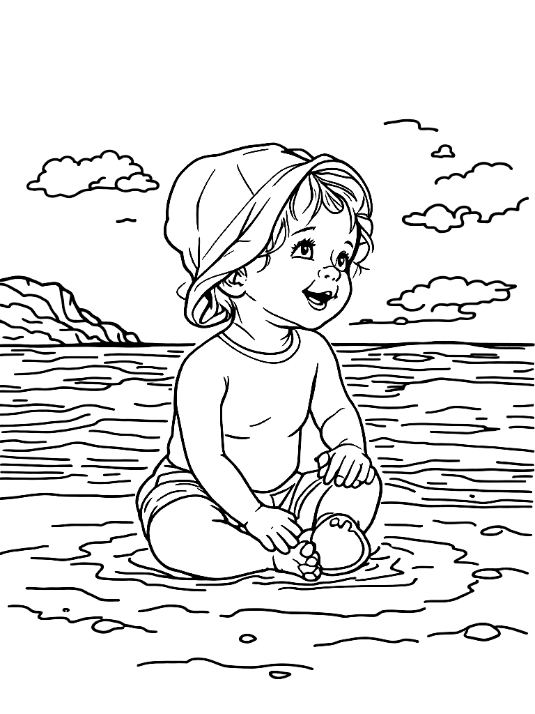 Toddler on beach coloring page Contour style free printable