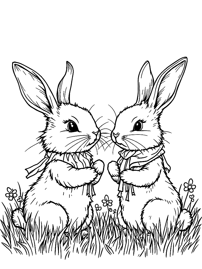 Free two bunnies dressed as leprechauns playing in the grass. coloring page in minimal style — printable line art