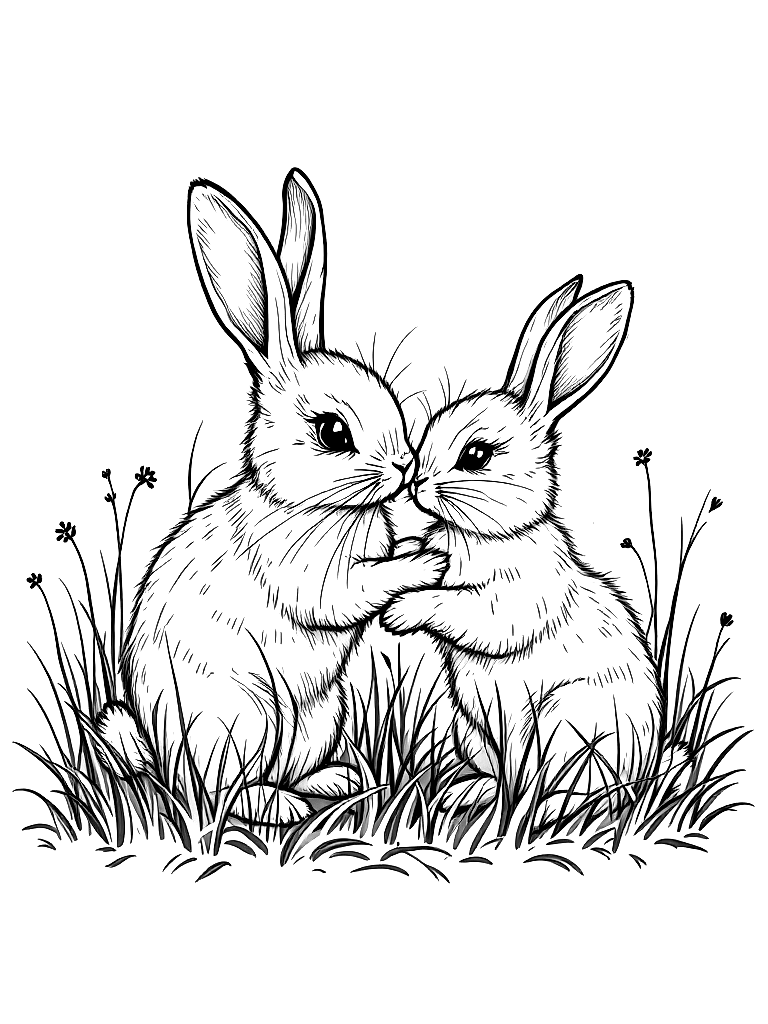 Free two bunnies playing in the grass. coloring page in minimal style — printable line art