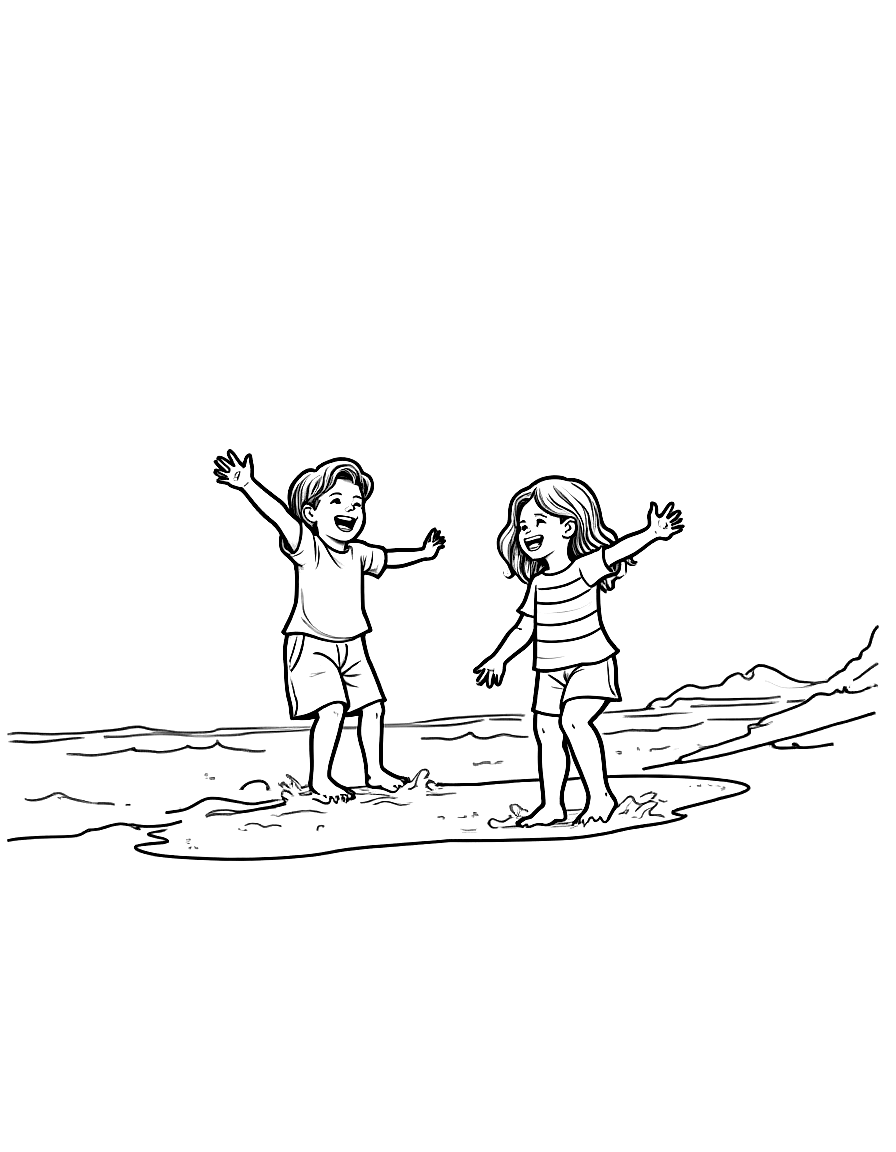 Two children playing on the beach. coloring page Contour style - free printable