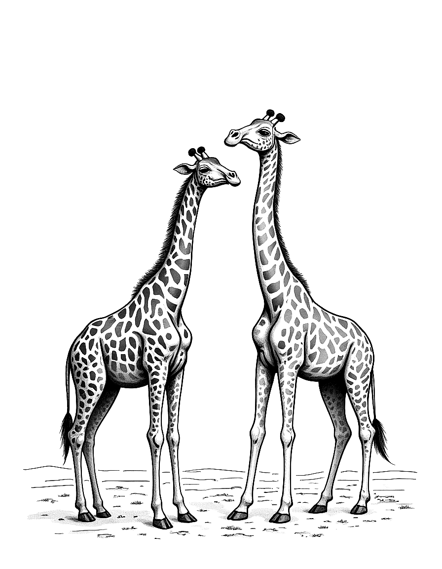 Two giraffes in the dessert. coloring page Pyle style free printable