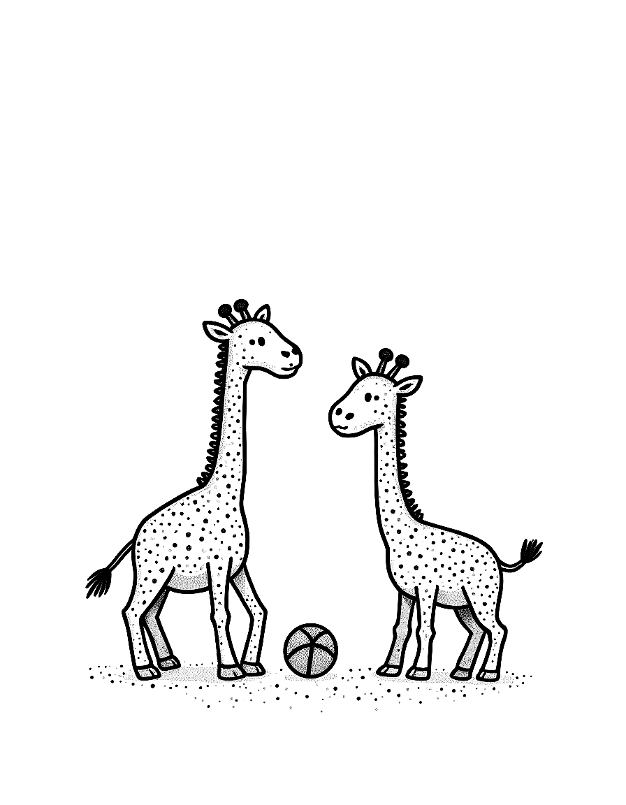 Two giraffes playing with a beach ball. coloring page Stipple style - free printable