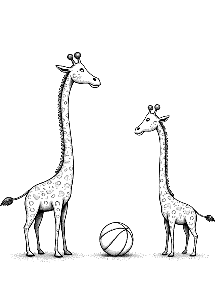 Two giraffes playing with a beach ball. coloring page Stipple style - free printable