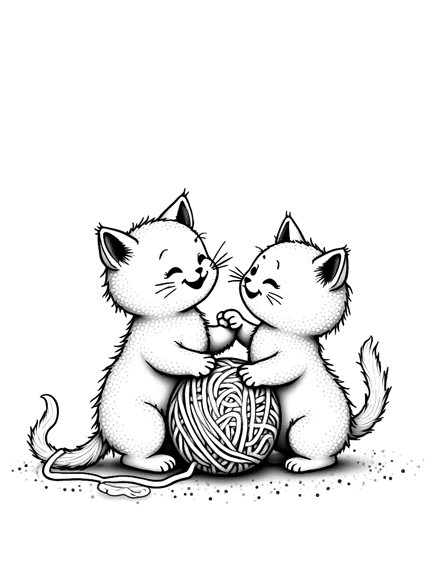 Free two kittens playing with a ball of yarn. coloring page in stipple style — printable line art