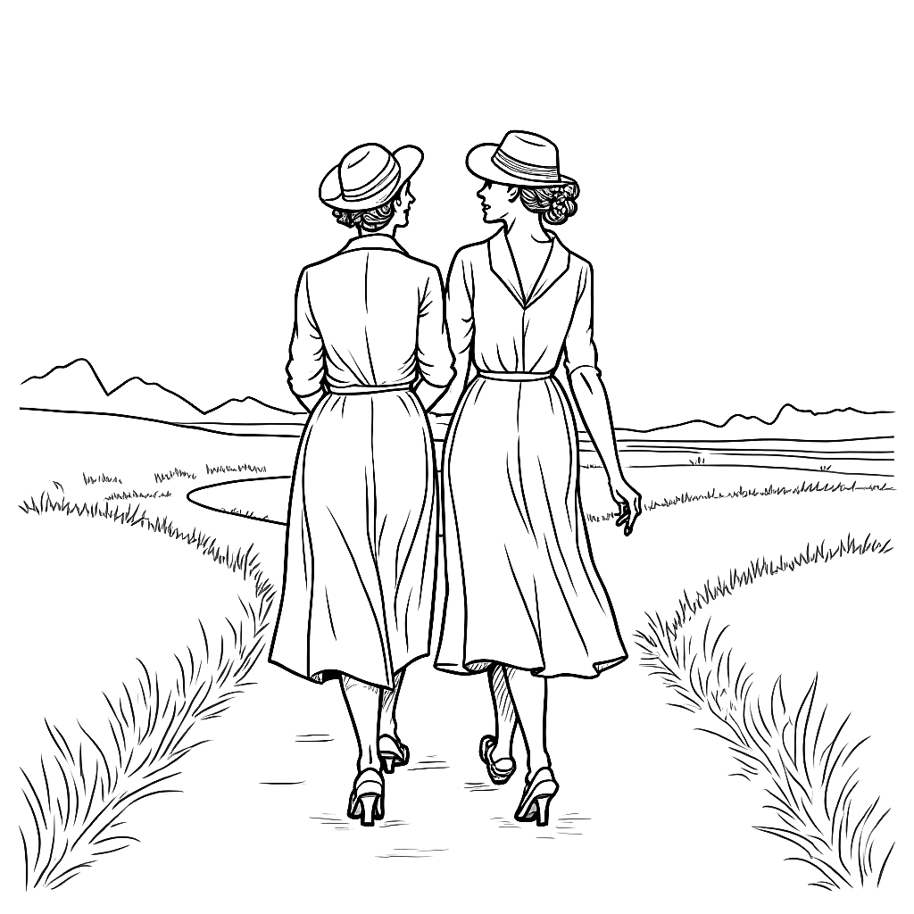 Free two ladies walking on a path in the style of norman rockwell. coloring page in contour style — printable line art