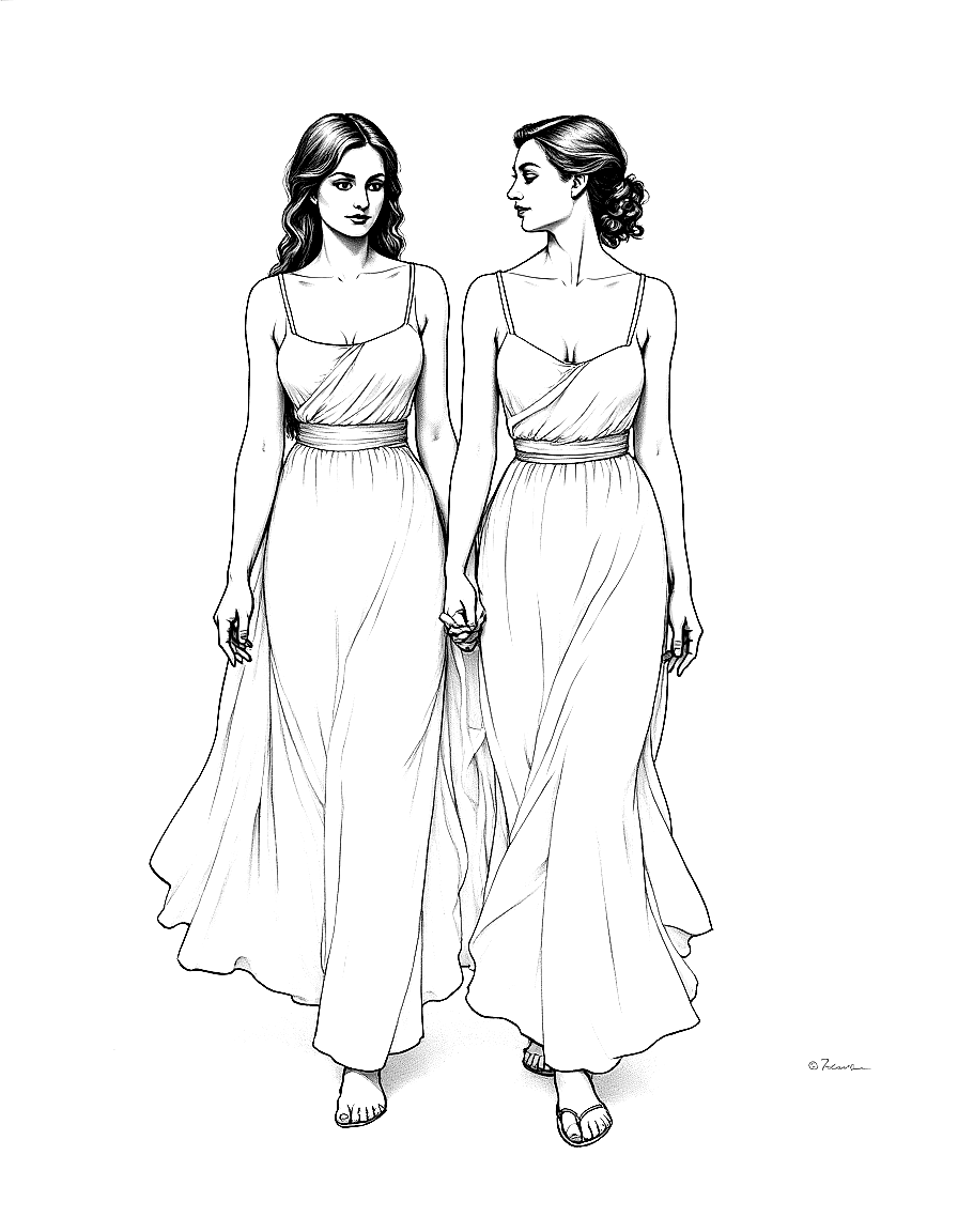 Two women walking in a garden. coloring page Bouguereau style free printable