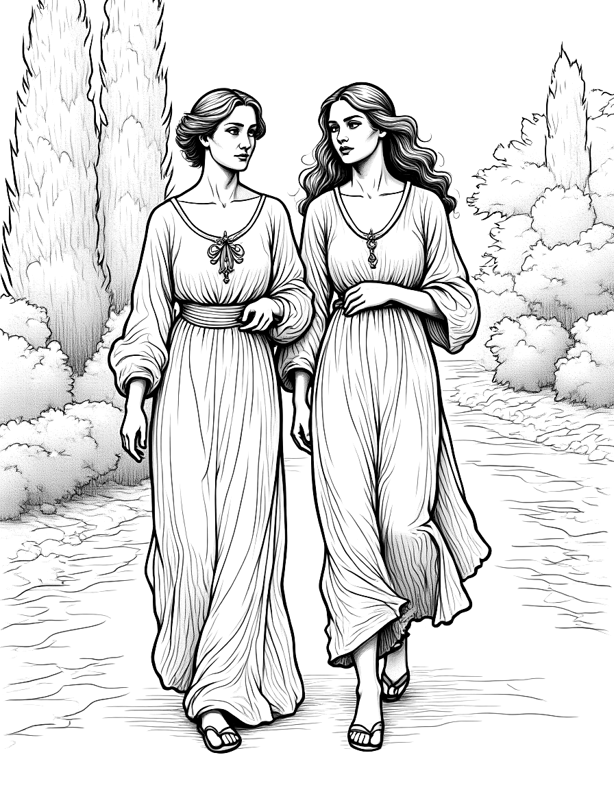 Two women walking in a garden. coloring page Da Vinci style free printable