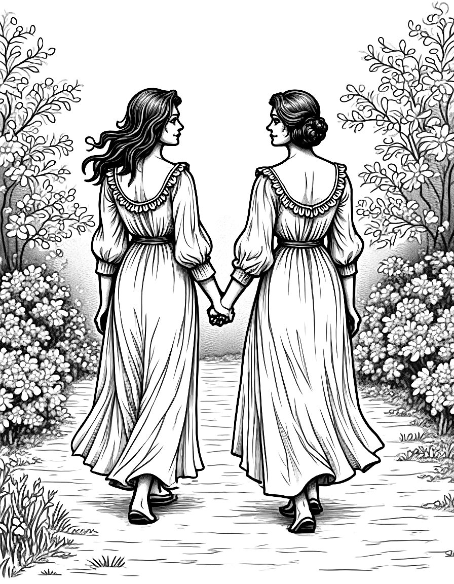 Two women walking in a garden. coloring page Doré style free printable
