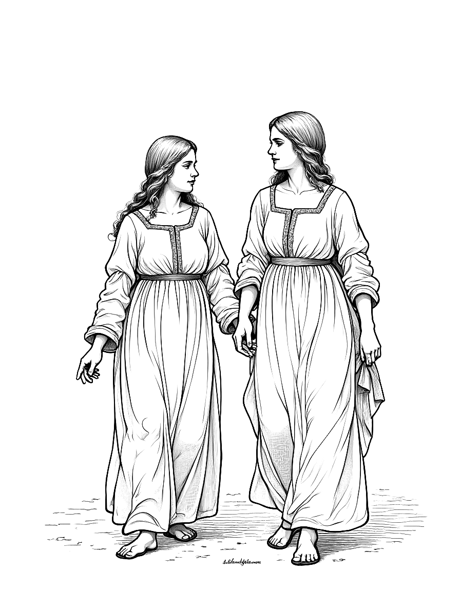 Two women walking in a garden. coloring page Dürer style free printable
