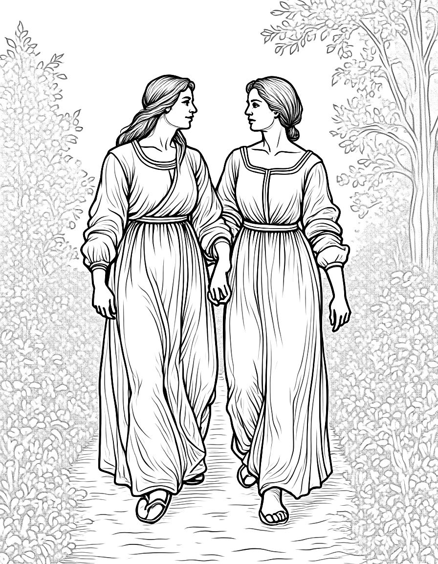 Two women walking in a garden. coloring page Dürer style free printable