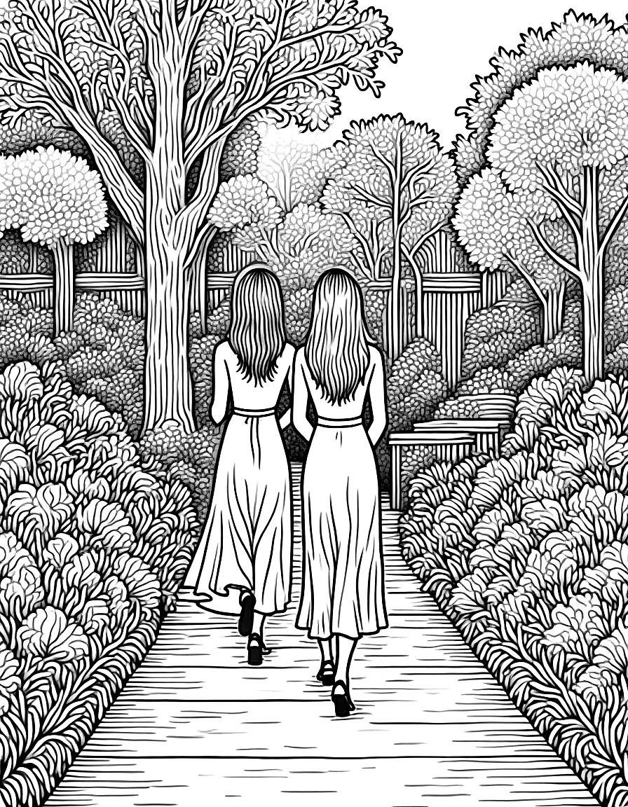 Two women walking in a garden. coloring page Escher style free printable