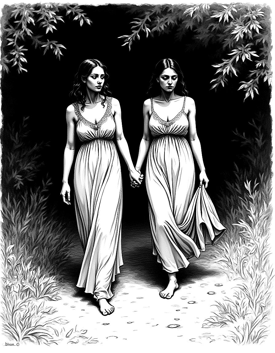 Two women walking in a garden. coloring page Goya style free printable