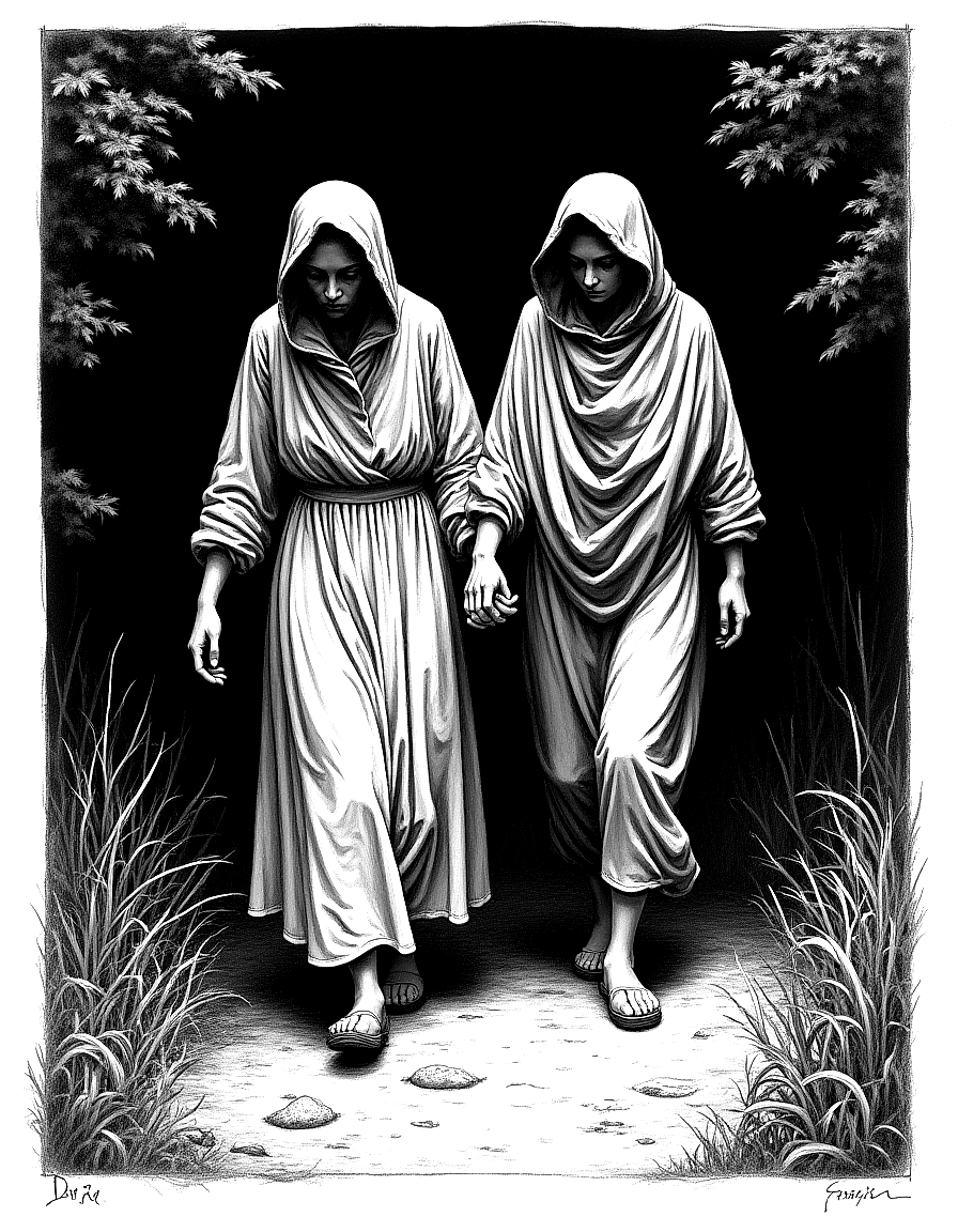 Two women walking in a garden. coloring page Goya style free printable