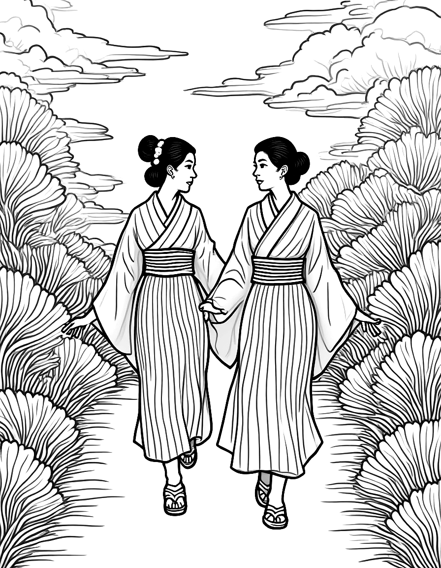 Two women walking in a garden. coloring page Hokusai style free printable