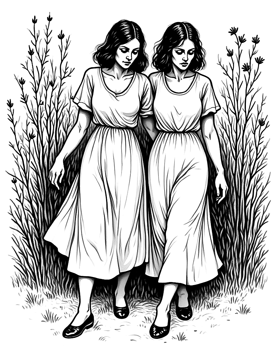 Two women walking in a garden. coloring page Kollwitz style free printable