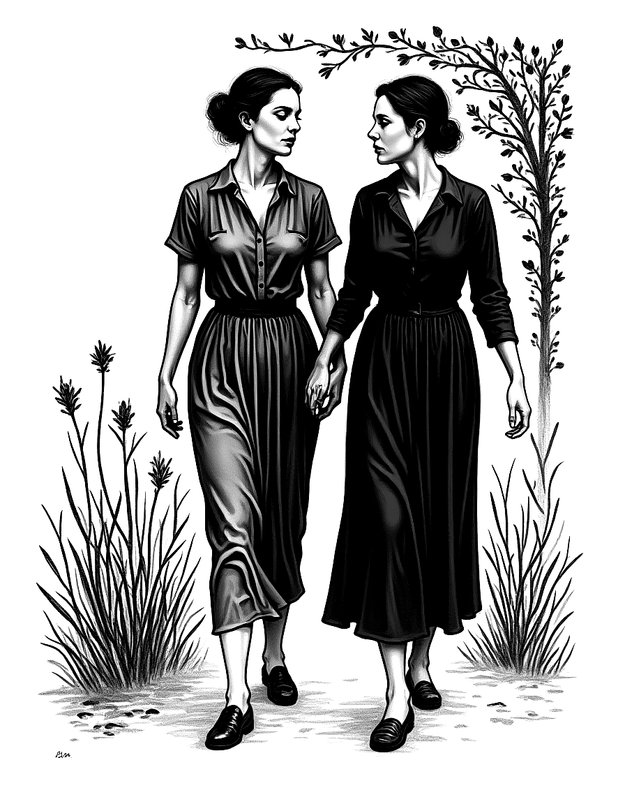 Two women walking in a garden. coloring page Kollwitz style free printable