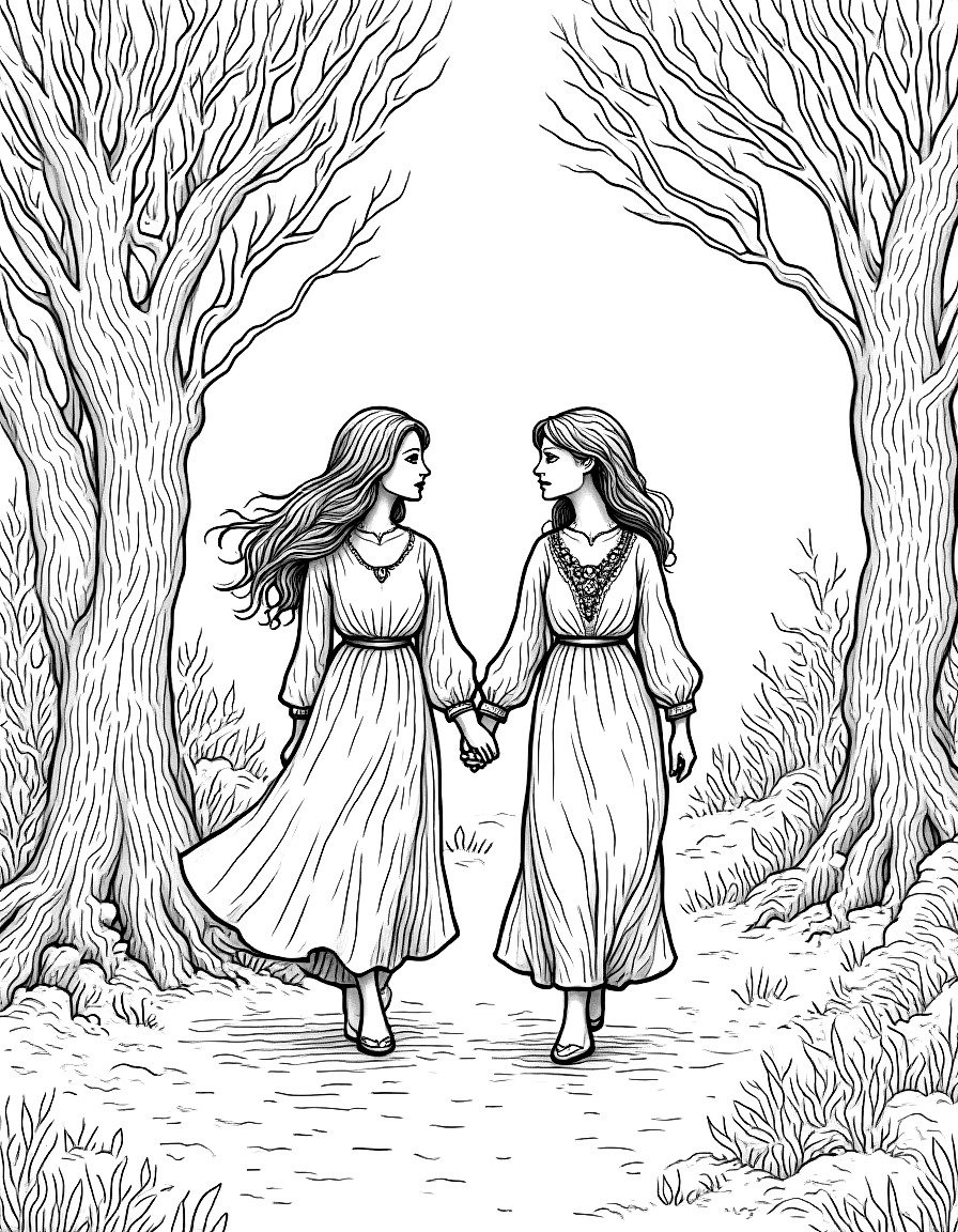 Two women walking in a garden. coloring page Rackham style free printable