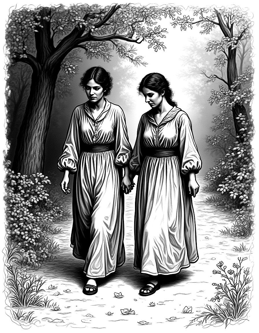Two women walking in a garden. coloring page Rembrandt style free printable