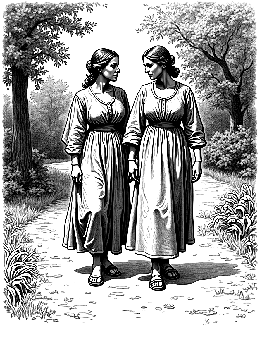 Two women walking in a garden. coloring page Rembrandt style free printable