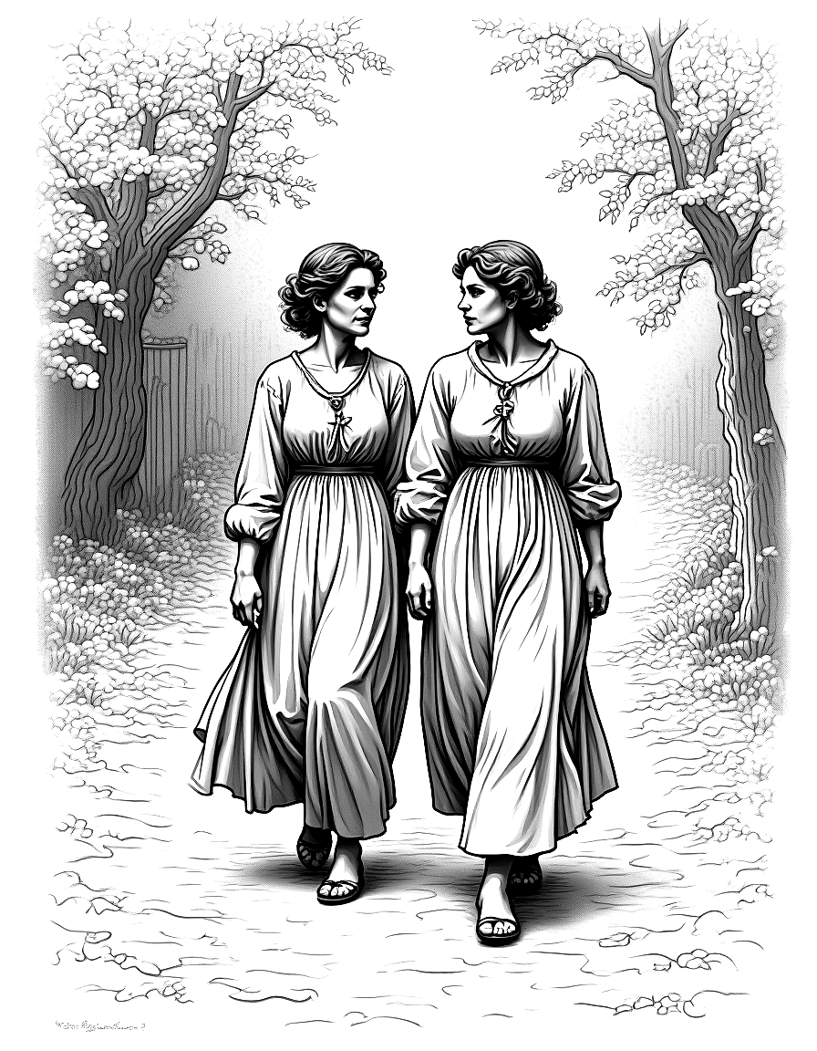 Two women walking in a garden coloring page Rembrandt style free printable
