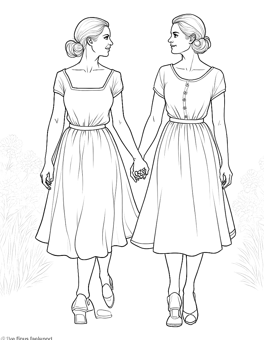 Two women walking in a garden. coloring page Rockwell style free printable