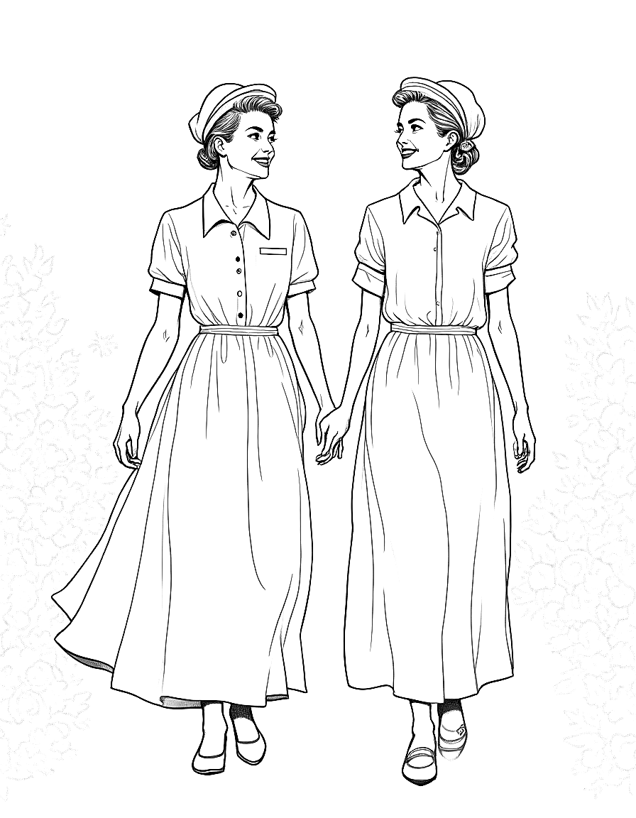 Two women walking in a garden coloring page Rockwell style free printable